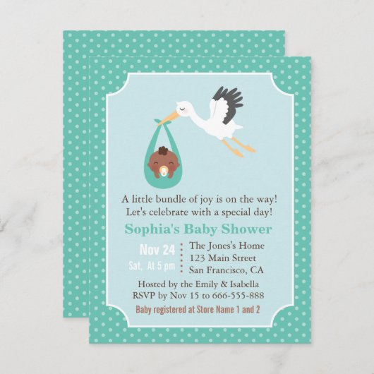 こうのとりはアフリカ系アメリカ人の男の赤ちゃんのシャワーを渡します 招待状 (正面/裏面)