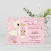 こうのとり配達ベビーシャワーの招待の女の子のピンク1A 招待状 (スタンド正面)