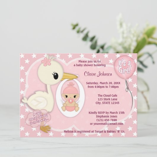 こうのとり配達ベビーシャワーの招待の女の子のピンク1A 招待状 (スタンド正面)