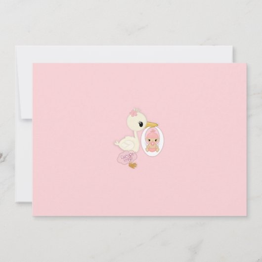 こうのとり配達ベビーシャワーの招待の女の子のピンク1A 招待状 (裏面)