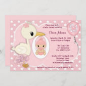 こうのとり配達ベビーシャワーの招待の女の子のピンク1A 招待状 (正面/裏面)