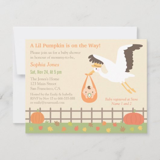 こうのとり配達Lilのカボチャベビーシャワー招待状 招待状 (正面)
