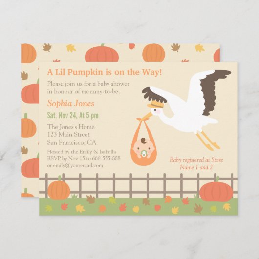 こうのとり配達Lilのカボチャベビーシャワー招待状 招待状 (正面/裏面)