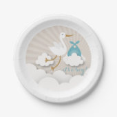 こうのとり + 青い束の男の子のベビーシャワーが付いている雲 ペーパープレート (正面)
