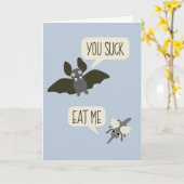 こうもりおもしろいと蚊の漫画ライトブルー誕生日 カード (黄色い花)