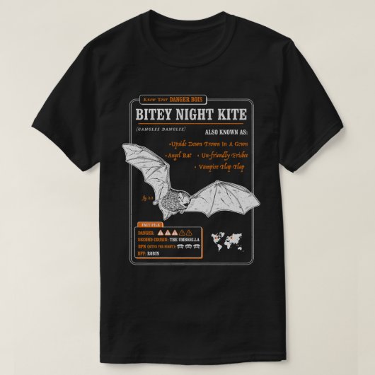 こうもりおもしろいファクトファイル – Bitey Night Kite Tシャツ (デザイン正面)