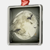 こうもりがカラスを飛ばすハロウィーン満月の前に座る メタルオーナメント (左)