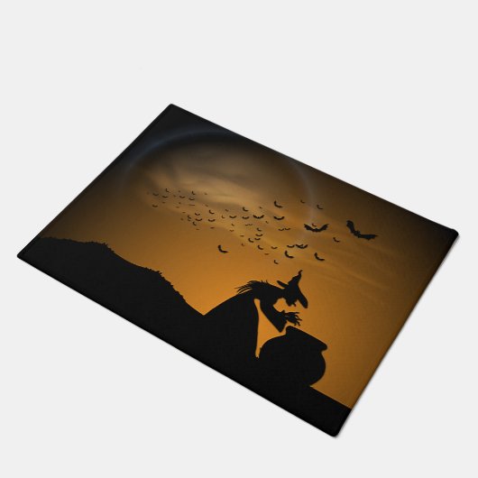 こうもりが付いているハロウィンの魔法使いそして大がま ドアマット (アングル)