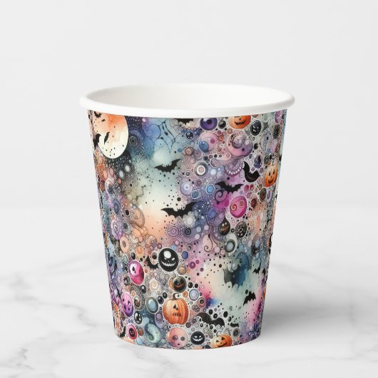 こうもりとカボチャカラフルンの抽象芸術水色 紙コップ (正面)