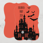 こうもりとキャッスルハロウィーン招待状ブラックとオレンジ (正面/裏面)