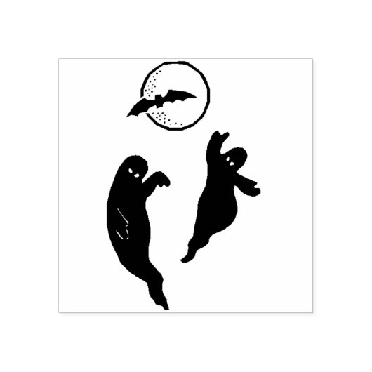 こうもりとムーンシルエットアートスタンプを持つ2つの幽霊たち ラバースタンプ (インプリント)