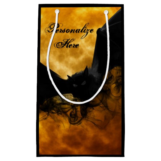 こうもりと収穫ムーン秋ブラックイエローエレガント スモールペーパーバッグ (正面)