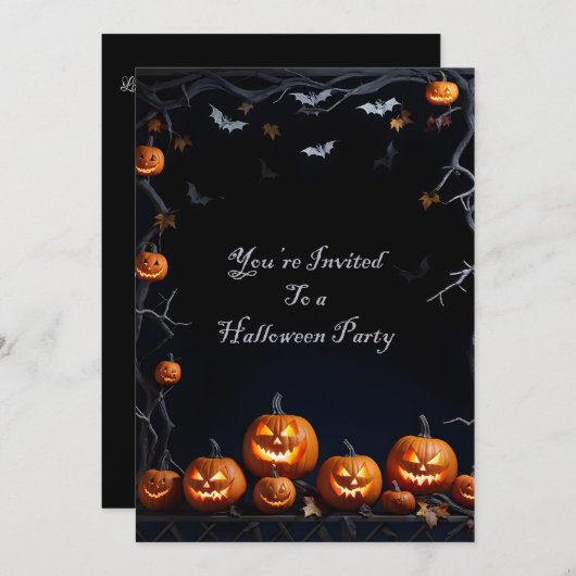 こうもりとJack-O-Lanternsハロウィーン 招待状 (正面/裏面)