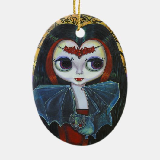 こうもりのオーナメントが付いているかわいい吸血鬼の人形 セラミックオーナメント (裏面)