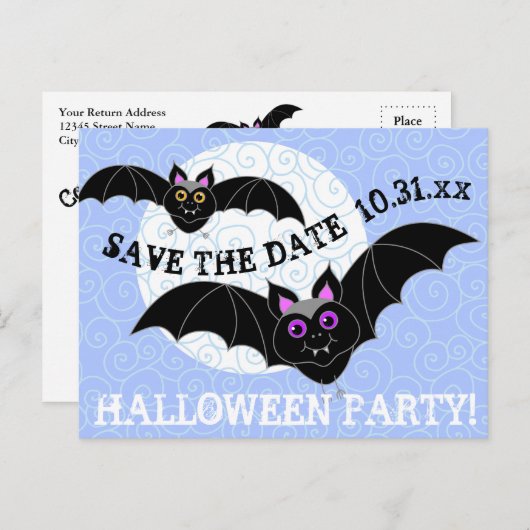 こうもりの月のハローウィンパーティの保存日付 インビテーションポストカード (正面/裏面)