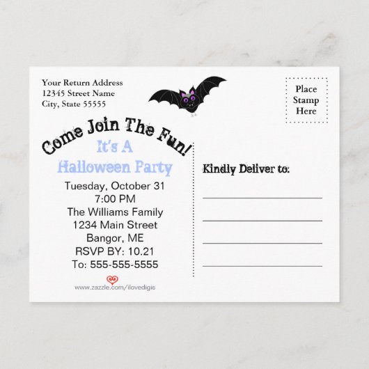 こうもりの月のハローウィンパーティの保存日付 インビテーションポストカード (裏面)