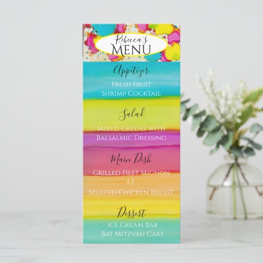 こうもりまたはバー(ユダヤ教の)バル・ミツバーAスプラッシュ・オブ・カラーフードメニュー メニュー (スタンド正面)