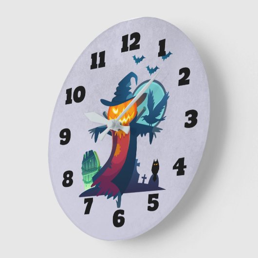 こうもりカラスおよびフクロウが付いているハロウィンのかかし ラージ壁時計 (傾斜)