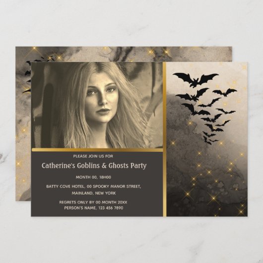 こうもりコロニーの夜空灯着パーティー成人 招待状 (正面/裏面)