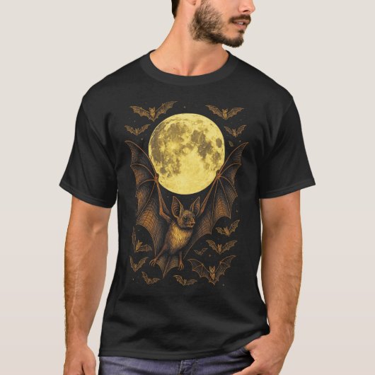 こうもりムーンハロウィンゴシック不気味自然ナイト Tシャツ (正面)