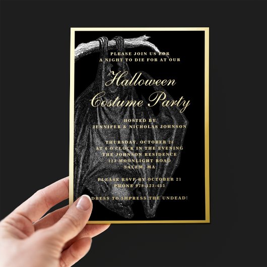 こうもり不気味ハロウィーン衣装パーティー金ゴールド 箔招待状