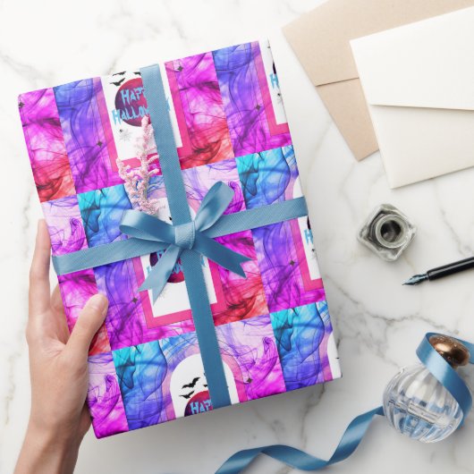 こうもり不気味怖い可愛いピンクモダンハッピーハローウィン ラッピングペーパー (ギフト)