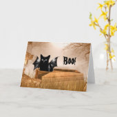 こうもり猫のハロウィンのブーイング カード (黄色い花)