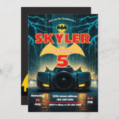 こうもり編集可能招待状、スーパーヒーロー誕生日招待状 招待状 (正面/裏面)