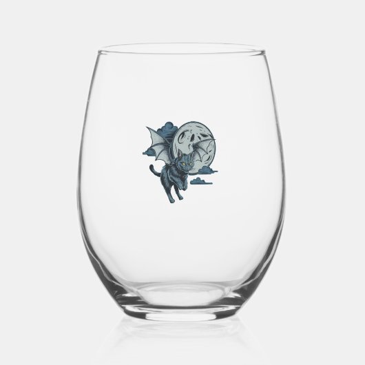 こうもり翼猫怖いハロウィーン満月 ステムなしワイングラス (正面)