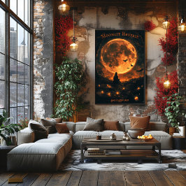 こうもり、キャンドル、夜と満月ハロウィーン。 ポスター