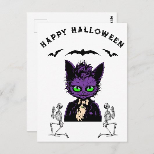 こうもり・骨格を持つパープルハロウィーンキャット ポストカード (正面/裏面)