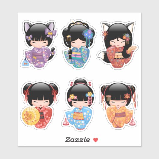 こけしの人形セット2 – 日本の呉服芸者の女の子 シール (シート)