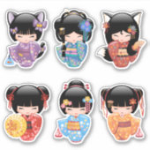 こけしの人形セット2 – 日本の呉服芸者の女の子 シール (正面)