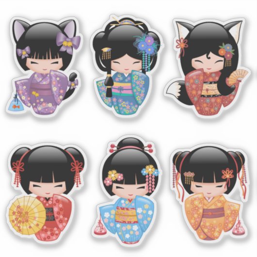 こけしの人形セット2 – 日本の呉服芸者の女の子 シール (正面)