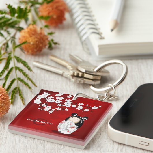 こけしドール赤黒白さくらんぼ花鍵 キーホルダー (正面右)