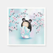 こけし人形さくらんぼブロッサムターコイズピンク スタンダードカクテルナプキン (正面)