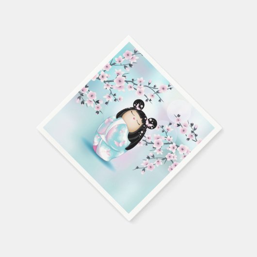 こけし人形さくらんぼブロッサムターコイズピンク スタンダードカクテルナプキン (角)