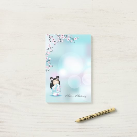 こけし人形さくらんぼブロッサムピンクターコイズ名 ポストイット (デスク上)