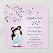 こけし人形さくらんぼ花ズガールズ誕生日 招待状 (正面/裏面)