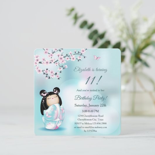 こけし人形さくらんぼ花ズガールズ誕生日 招待状 (スタンド正面)