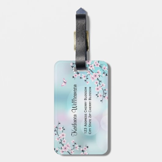 こけし人形さくらんぼ花咲きピンクターコイズ ラゲッジタグ (裏面縦)