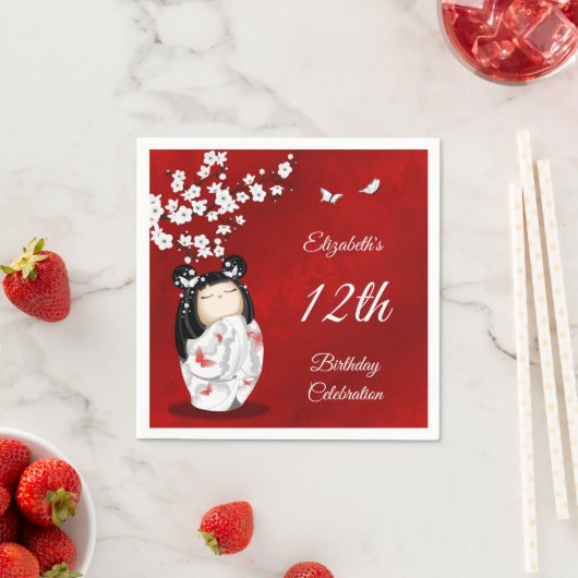 こけし人形さくらんぼ花 |ガールズ誕生日ナップ スタンダードカクテルナプキン (インサイチュ)