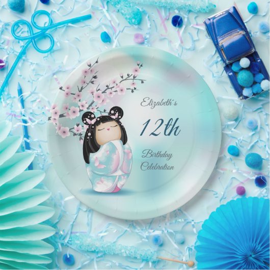 こけし人形さくらんぼ花 |ガールズ誕生日 ペーパープレート (パーティー)