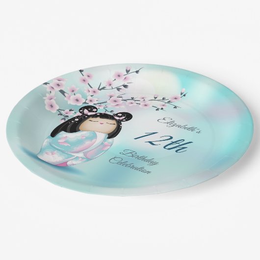 こけし人形さくらんぼ花 |ガールズ誕生日 ペーパープレート (アングル)