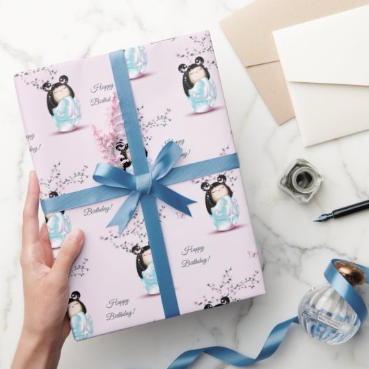 こけし人形さくらんぼ花 |ガールズ誕生日 ラッピングペーパー (ギフト)