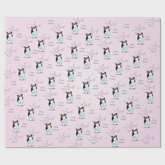 こけし人形さくらんぼ花 |ガールズ誕生日 ラッピングペーパー (フラット)