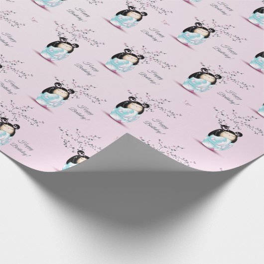 こけし人形さくらんぼ花 |ガールズ誕生日 ラッピングペーパー (角)