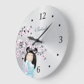 こけし人形とさくらんぼの花と銀の絵 ラージ壁時計 (傾斜)