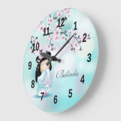 こけし人形とさくらんぼ花ターコイズ大  ラージ壁時計 (傾斜)