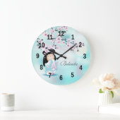 こけし人形とさくらんぼ花ターコイズ大  ラージ壁時計 (ホーム)